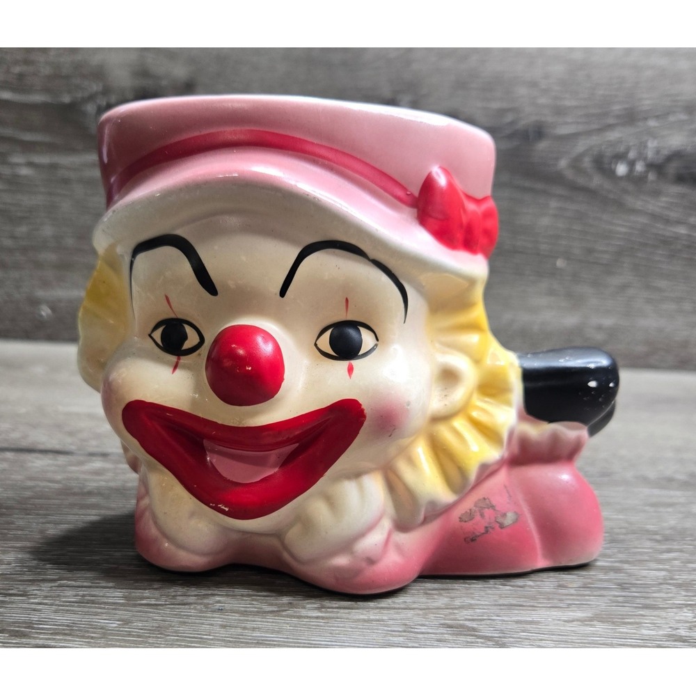 Vintage Ceramic Clown Head Planter Vase Pink Red Yellow Mid Century Style Decor